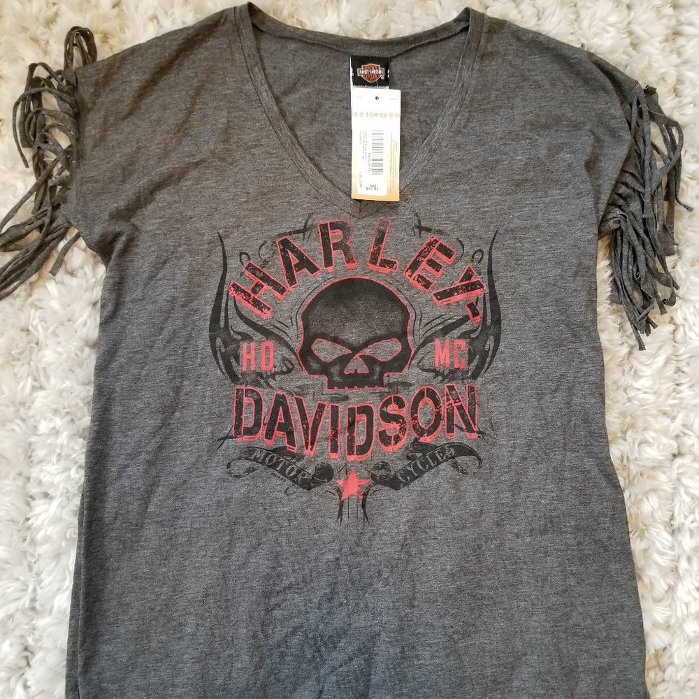 Harley Davidson Grey Fringed V neck Top
